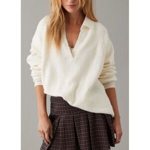 American Eagle Whoa So Soft Collared Sweater Preppy Soft Clean Girl Cream M